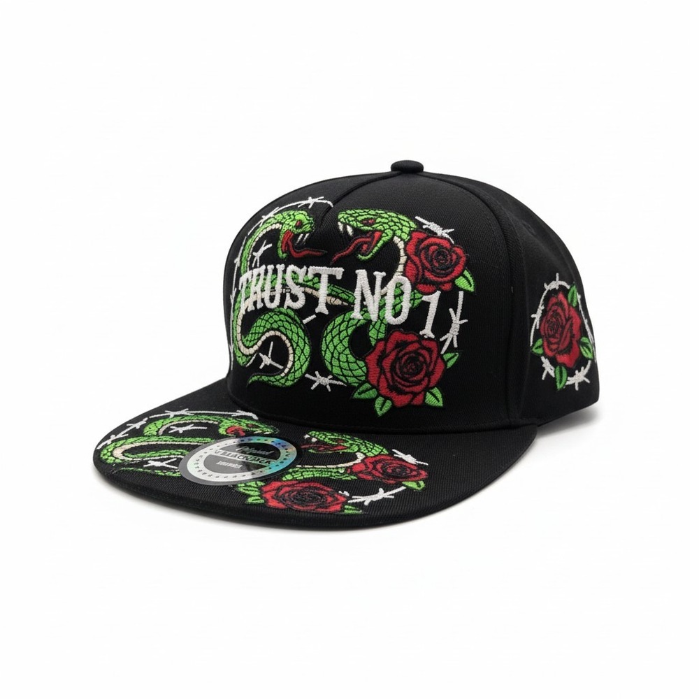 Blackjack Trust No 1 Snapback Hat Black Snake Rose Barbed Wire Flat Brim Cap